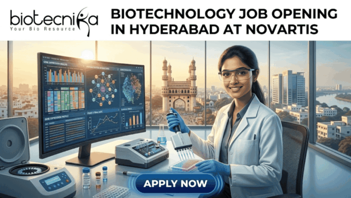 Biotechnology Job Opening in Hyderabad at Novartis Apply Now. the Biotecnika logo at the top and the "APPLY NOW" button at the bottom. The image features a scientist working with advanced genomic data visualizations, with the iconic Charminar in the background to provide a local and relatable touch to Hyderabad, all while maintaining a modern and engaging look.