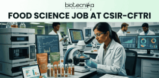 CSIR-CFTRI Recruitment 2026: Exciting Food Science Job Opening in Mysuru CSIR-CFTRI Recruitment 2026 Exciting Food Science Job Opening in Mysuru "A detailed, professional featured image banner for a job page. At the top, a white header band displays the Biotecnika logo (the black text and leaf-icon from image_15.png reading 'biotecnika Your Bio Resource') above a large, bold black headline, 'FOOD SCIENCE JOB AT CSIR-CFTRI'. Below the header is a realistic photograph of a modern, bustling, well-equipped food science research laboratory. In the foreground, a female scientist of South Asian descent in a lab coat is carefully looking through a compound microscope. Behind her and at a separate station, an older male scientist works with advanced high-performance liquid chromatography (HPLC) analytical equipment and another computer, while a younger male scientist analyzes data on a large monitor. The workbench is covered with various ingredient vials, packaged 'Fortified Grains' and 'Novel Protein Bar' prototypes, and computers displaying complex data graphs, molecular structures, and composition charts. A lab notebook with doodles is also present. At the very bottom, a solid teal footer bar features a prominent call-to-action button with white text that reads 'APPLY NOW' with a right-pointing arrow."