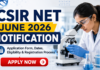 CSIR NET June 2026 Application Form & REGISTRATION Process. A modern promotional banner for “CSIR NET June 2026 Notification” featuring bold headline text on the left with “Application Form, Dates, Eligibility & Registration Process” beneath it. The right side shows a female scientist in a lab coat using a microscope in a laboratory setting. The design includes scientific elements like lab glassware and a DNA-style graphic background. At the bottom, there is a prominent red “APPLY NOW” button, creating a strong call-to-action layout. The overall theme is clean, professional, and science-focused.