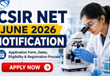 CSIR NET June 2026 Notification, Application Form, Dates, Eligibility & Registration Process CSIR NET June 2026 Application Form & REGISTRATION Process. A modern promotional banner for “CSIR NET June 2026 Notification” featuring bold headline text on the left with “Application Form, Dates, Eligibility & Registration Process” beneath it. The right side shows a female scientist in a lab coat using a microscope in a laboratory setting. The design includes scientific elements like lab glassware and a DNA-style graphic background. At the bottom, there is a prominent red “APPLY NOW” button, creating a strong call-to-action layout. The overall theme is clean, professional, and science-focused.