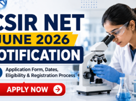 CSIR NET June 2026 Notification, Application Form, Dates, Eligibility & Registration Process CSIR NET June 2026 Application Form & REGISTRATION Process. A modern promotional banner for “CSIR NET June 2026 Notification” featuring bold headline text on the left with “Application Form, Dates, Eligibility & Registration Process” beneath it. The right side shows a female scientist in a lab coat using a microscope in a laboratory setting. The design includes scientific elements like lab glassware and a DNA-style graphic background. At the bottom, there is a prominent red “APPLY NOW” button, creating a strong call-to-action layout. The overall theme is clean, professional, and science-focused.
