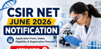 CSIR NET June 2026 Application Form & REGISTRATION Process. A modern promotional banner for “CSIR NET June 2026 Notification” featuring bold headline text on the left with “Application Form, Dates, Eligibility & Registration Process” beneath it. The right side shows a female scientist in a lab coat using a microscope in a laboratory setting. The design includes scientific elements like lab glassware and a DNA-style graphic background. At the bottom, there is a prominent red “APPLY NOW” button, creating a strong call-to-action layout. The overall theme is clean, professional, and science-focused.