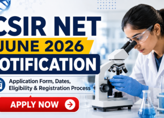 CSIR NET June 2026 Notification, Application Form, Dates, Eligibility & Registration Process CSIR NET June 2026 Application Form & REGISTRATION Process. A modern promotional banner for “CSIR NET June 2026 Notification” featuring bold headline text on the left with “Application Form, Dates, Eligibility & Registration Process” beneath it. The right side shows a female scientist in a lab coat using a microscope in a laboratory setting. The design includes scientific elements like lab glassware and a DNA-style graphic background. At the bottom, there is a prominent red “APPLY NOW” button, creating a strong call-to-action layout. The overall theme is clean, professional, and science-focused.