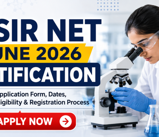 CSIR NET June 2026 Application Form & REGISTRATION Process. A modern promotional banner for “CSIR NET June 2026 Notification” featuring bold headline text on the left with “Application Form, Dates, Eligibility & Registration Process” beneath it. The right side shows a female scientist in a lab coat using a microscope in a laboratory setting. The design includes scientific elements like lab glassware and a DNA-style graphic background. At the bottom, there is a prominent red “APPLY NOW” button, creating a strong call-to-action layout. The overall theme is clean, professional, and science-focused.