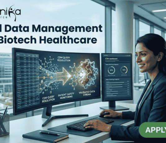 Clinical Data Management Job at Biotech Healthcare Apply Online Here. A corporate job advertisement for a "Clinical Data Management Job at Biotech Healthcare," featuring a professional female of South Asian descent smiling and working at a desk with dual monitors. The screens display data visualizations of molecular structures and CDM progress dashboards with text labels like "CDM QUERY RESOLUTION" and "VALIDATED DATA STREAM." Through the large office window behind her, a modern building labeled "HOSPITAL" and "CLINICAL RESEARCH CENTRE" is visible. The Biotecnika logo is at the top left, and a prominent green "APPLY NOW" button with an arrow icon is at the bottom right. Other colleagues are working blurred in the background.