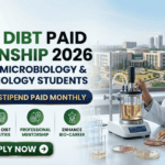 DRDO DIBT Paid Internship 2026 For MSc Micro & Biotech Student. An informative infographic recruitment banner from Biotecnika for a DRDO DIBT Paid Internship in 2026, targeting M.Sc Microbiology and Biotechnology students. The top-left corner features the Biotecnika logo. Large text headlines read: "DRDO DIBT PAID INTERNSHIP 2026" in bold green and blue letters, followed by "FOR M.SC MICROBIOLOGY & BIOTECHNOLOGY STUDENTS" in smaller blue text. Below this, a blue and gold-bordered banner prominently displays: "₹5,000 STIPEND PAID MONTHLY".
