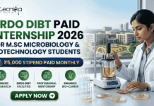 DRDO DIBT Paid Internship 2026 For M.Sc Microbiology & Biotechnology Students DRDO DIBT Paid Internship 2026 For MSc Micro & Biotech Student. An informative infographic recruitment banner from Biotecnika for a DRDO DIBT Paid Internship in 2026, targeting M.Sc Microbiology and Biotechnology students. The top-left corner features the Biotecnika logo. Large text headlines read: "DRDO DIBT PAID INTERNSHIP 2026" in bold green and blue letters, followed by "FOR M.SC MICROBIOLOGY & BIOTECHNOLOGY STUDENTS" in smaller blue text. Below this, a blue and gold-bordered banner prominently displays: "₹5,000 STIPEND PAID MONTHLY".