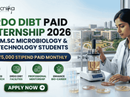 DRDO DIBT Paid Internship 2026 For MSc Micro & Biotech Student. An informative infographic recruitment banner from Biotecnika for a DRDO DIBT Paid Internship in 2026, targeting M.Sc Microbiology and Biotechnology students. The top-left corner features the Biotecnika logo. Large text headlines read: "DRDO DIBT PAID INTERNSHIP 2026" in bold green and blue letters, followed by "FOR M.SC MICROBIOLOGY & BIOTECHNOLOGY STUDENTS" in smaller blue text. Below this, a blue and gold-bordered banner prominently displays: "₹5,000 STIPEND PAID MONTHLY".