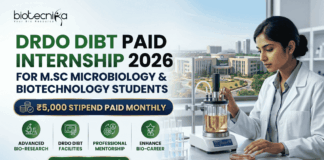 DRDO DIBT Paid Internship 2026 For MSc Micro & Biotech Student. An informative infographic recruitment banner from Biotecnika for a DRDO DIBT Paid Internship in 2026, targeting M.Sc Microbiology and Biotechnology students. The top-left corner features the Biotecnika logo. Large text headlines read: "DRDO DIBT PAID INTERNSHIP 2026" in bold green and blue letters, followed by "FOR M.SC MICROBIOLOGY & BIOTECHNOLOGY STUDENTS" in smaller blue text. Below this, a blue and gold-bordered banner prominently displays: "₹5,000 STIPEND PAID MONTHLY".