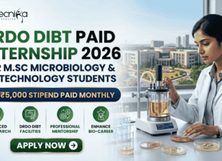 DRDO DIBT Paid Internship 2026 For MSc Micro & Biotech Student. An informative infographic recruitment banner from Biotecnika for a DRDO DIBT Paid Internship in 2026, targeting M.Sc Microbiology and Biotechnology students. The top-left corner features the Biotecnika logo. Large text headlines read: "DRDO DIBT PAID INTERNSHIP 2026" in bold green and blue letters, followed by "FOR M.SC MICROBIOLOGY & BIOTECHNOLOGY STUDENTS" in smaller blue text. Below this, a blue and gold-bordered banner prominently displays: "₹5,000 STIPEND PAID MONTHLY".
