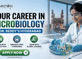 Dr. Reddy’s Microbiology Job 2026 | QC Micro Role for B.Sc Microbiology Candidates Dr. Reddy’s Microbiology Job 2026 QC Micro Role for B.Sc Microbiology Candidates. A promotional recruitment banner for Biotecnika, advertising "YOUR CAREER IN MICROBIOLOGY AT DR. REDDY’S HYDERABAD". On the left side of the banner, a list of bullet points with icons outlines the benefits of the role: "WORKING WITH ADVANCED TECH", "INNOVATE FROM HYDERABAD", and "GROW WITH GLOBAL LEADERS". Below this list, there is a large green button that says "APPLY NOW" with a right-arrow, and the website address "www.biotecnika.org" is displayed beneath it. The Biotecnika logo, with the tagline "Your Bio Resource", is placed at the top-left corner. On the right side, a female scientist in a white lab coat and safety glasses is shown working in a laboratory. She is using a pipette and smiling as she looks at a glowing, miniature, incredibly detailed model of the Charminar monument inside a large petri dish. The word "HYDERABAD" is written on the base of the miniature model. In the background, beyond the laboratory window, a view of the real Charminar monument in Hyderabad is visible at twilight. A DNA helix and other molecular models glow around the petri dish.