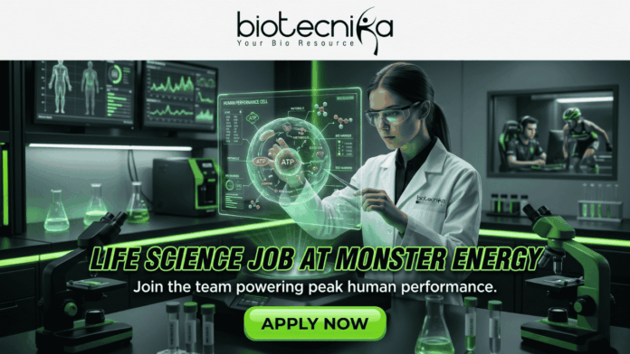 Exciting Life Science Job at Monster Energy Don't Miss This Exciting Life Science Job at Monster Energy Don't Miss This. A job advertisement image with the header logo "biotecnika Your Bio Resource" and a stylized figure. The central scene is a detailed, futuristic laboratory with green lighting, where a female scientist in a lab coat interacts with a glowing hologram of an ATP molecule and "Human Performance Cell." Background monitors display biometric data and a separate room shows gamers and a person on a treadmill, symbolizing human performance research. Large bold text across the middle reads "LIFE SCIENCE JOB AT MONSTER ENERGY", followed by the subtext, "Join the team powering peak human performance." A prominent green "APPLY NOW" button is at the bottom center.