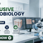 Exclusive Microbiology Jobs at Minimalist Apply For Quality Assurance Executive Role. A professional corporate recruitment banner for "EXCLUSIVE MICROBIOLOGY JOBS @ Minimalist" featuring the Biotecnika logo. The image showcases a focused female scientist in a white lab coat and blue gloves working in a high-tech laboratory. The theme is centered on skincare science, with laboratory monitors displaying "Skin Microbiome Analysis" and "Probiotic Effectiveness." Shelves in the background hold various skincare bottles and jars. Hexagonal graphics highlight scientific visualizations of skin cells and probiotic serums. Four circular icons at the bottom represent research, aquatic sciences, innovation, and skincare product formulation. A prominent green "APPLY NOW" button is positioned at the bottom left.