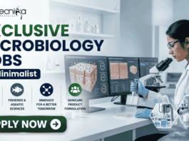 Exclusive Microbiology Jobs at Minimalist | Apply For Quality Assurance Executive Role Exclusive Microbiology Jobs at Minimalist Apply For Quality Assurance Executive Role. A professional corporate recruitment banner for "EXCLUSIVE MICROBIOLOGY JOBS @ Minimalist" featuring the Biotecnika logo. The image showcases a focused female scientist in a white lab coat and blue gloves working in a high-tech laboratory. The theme is centered on skincare science, with laboratory monitors displaying "Skin Microbiome Analysis" and "Probiotic Effectiveness." Shelves in the background hold various skincare bottles and jars. Hexagonal graphics highlight scientific visualizations of skin cells and probiotic serums. Four circular icons at the bottom represent research, aquatic sciences, innovation, and skincare product formulation. A prominent green "APPLY NOW" button is positioned at the bottom left.