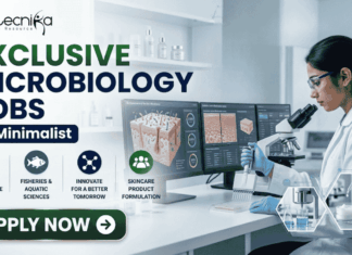 Exclusive Microbiology Jobs at Minimalist | Apply For Quality Assurance Executive Role Exclusive Microbiology Jobs at Minimalist Apply For Quality Assurance Executive Role. A professional corporate recruitment banner for "EXCLUSIVE MICROBIOLOGY JOBS @ Minimalist" featuring the Biotecnika logo. The image showcases a focused female scientist in a white lab coat and blue gloves working in a high-tech laboratory. The theme is centered on skincare science, with laboratory monitors displaying "Skin Microbiome Analysis" and "Probiotic Effectiveness." Shelves in the background hold various skincare bottles and jars. Hexagonal graphics highlight scientific visualizations of skin cells and probiotic serums. Four circular icons at the bottom represent research, aquatic sciences, innovation, and skincare product formulation. A prominent green "APPLY NOW" button is positioned at the bottom left.
