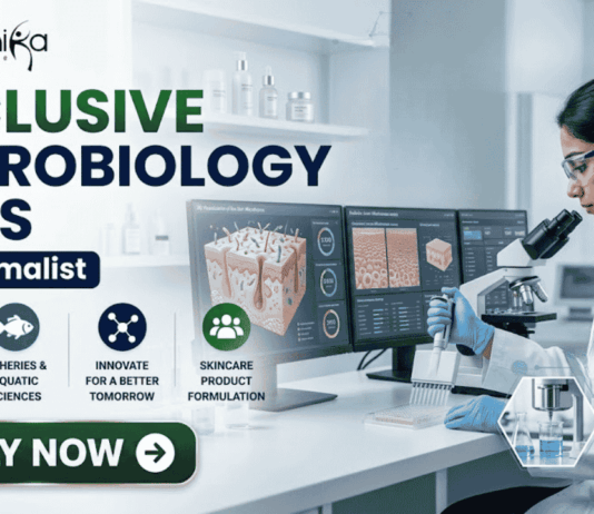 Exclusive Microbiology Jobs at Minimalist Apply For Quality Assurance Executive Role. A professional corporate recruitment banner for "EXCLUSIVE MICROBIOLOGY JOBS @ Minimalist" featuring the Biotecnika logo. The image showcases a focused female scientist in a white lab coat and blue gloves working in a high-tech laboratory. The theme is centered on skincare science, with laboratory monitors displaying "Skin Microbiome Analysis" and "Probiotic Effectiveness." Shelves in the background hold various skincare bottles and jars. Hexagonal graphics highlight scientific visualizations of skin cells and probiotic serums. Four circular icons at the bottom represent research, aquatic sciences, innovation, and skincare product formulation. A prominent green "APPLY NOW" button is positioned at the bottom left.