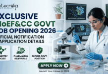 Exclusive MoEF&CC Govt Job Opening 2026 – Official Notification & Application Details Exclusive MoEF&CC Govt Job Opening 2026 – Official Notification & Application Details. A professional corporate recruitment banner for the "Exclusive MoEF&CC Govt Job Opening 2026" by Biotecnika. The image features a female scientist in a white lab coat and blue gloves using a multichannel pipette in a modern laboratory. Background monitors display complex protein structures and forest analysis for drug precursors. To the left, the main headline is followed by the tagline "Official Notification & Application Details." Three descriptive icons highlight "Ministry Roles," "Pharma/Bio Relevance," and "Secure Govt. Position." A prominent green "APPLY NOW" button is centered at the bottom, with the Biotecnika logo at the top left.