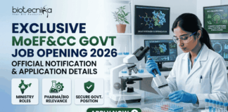Exclusive MoEF&CC Govt Job Opening 2026 – Official Notification & Application Details. A professional corporate recruitment banner for the "Exclusive MoEF&CC Govt Job Opening 2026" by Biotecnika. The image features a female scientist in a white lab coat and blue gloves using a multichannel pipette in a modern laboratory. Background monitors display complex protein structures and forest analysis for drug precursors. To the left, the main headline is followed by the tagline "Official Notification & Application Details." Three descriptive icons highlight "Ministry Roles," "Pharma/Bio Relevance," and "Secure Govt. Position." A prominent green "APPLY NOW" button is centered at the bottom, with the Biotecnika logo at the top left.
