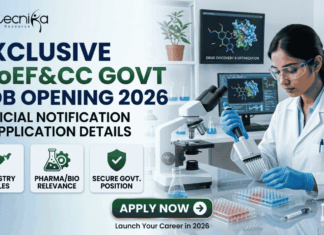 Exclusive MoEF&CC Govt Job Opening 2026 – Official Notification & Application Details Exclusive MoEF&CC Govt Job Opening 2026 – Official Notification & Application Details. A professional corporate recruitment banner for the "Exclusive MoEF&CC Govt Job Opening 2026" by Biotecnika. The image features a female scientist in a white lab coat and blue gloves using a multichannel pipette in a modern laboratory. Background monitors display complex protein structures and forest analysis for drug precursors. To the left, the main headline is followed by the tagline "Official Notification & Application Details." Three descriptive icons highlight "Ministry Roles," "Pharma/Bio Relevance," and "Secure Govt. Position." A prominent green "APPLY NOW" button is centered at the bottom, with the Biotecnika logo at the top left.