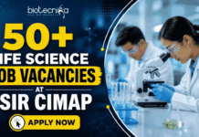 40+ Life Science Job Vacancies at CSIR CIMAP – Walk-in-Interview Alert for 2026! Featured banner showing “50+ Life Science Job Vacancies at CSIR CIMAP” with Biotecnika logo on top, scientists working in a laboratory with a microscope, and a prominent “Apply Now” button at the bottom.