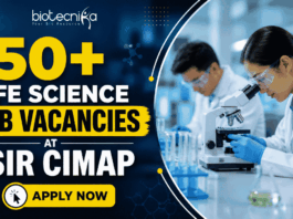 Featured banner showing “50+ Life Science Job Vacancies at CSIR CIMAP” with Biotecnika logo on top, scientists working in a laboratory with a microscope, and a prominent “Apply Now” button at the bottom.