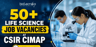 Featured banner showing “50+ Life Science Job Vacancies at CSIR CIMAP” with Biotecnika logo on top, scientists working in a laboratory with a microscope, and a prominent “Apply Now” button at the bottom.