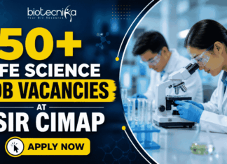 40+ Life Science Job Vacancies at CSIR CIMAP – Walk-in-Interview Alert for 2026! Featured banner showing “50+ Life Science Job Vacancies at CSIR CIMAP” with Biotecnika logo on top, scientists working in a laboratory with a microscope, and a prominent “Apply Now” button at the bottom.