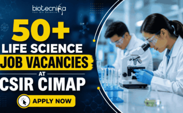 40+ Life Science Job Vacancies at CSIR CIMAP – Walk-in-Interview Alert for 2026! Featured banner showing “50+ Life Science Job Vacancies at CSIR CIMAP” with Biotecnika logo on top, scientists working in a laboratory with a microscope, and a prominent “Apply Now” button at the bottom.