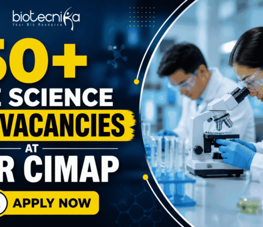 Featured banner showing “50+ Life Science Job Vacancies at CSIR CIMAP” with Biotecnika logo on top, scientists working in a laboratory with a microscope, and a prominent “Apply Now” button at the bottom.
