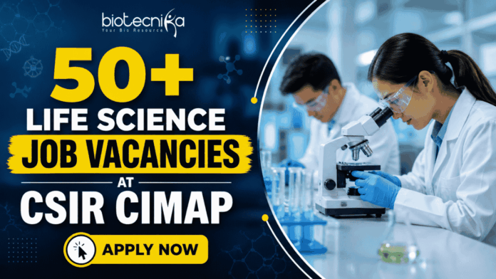 50+ Life Science Job Vacancies at CSIR CIMAP – Walk-in-Interview Alert for 2026! Featured banner showing “50+ Life Science Job Vacancies at CSIR CIMAP” with Biotecnika logo on top, scientists working in a laboratory with a microscope, and a prominent “Apply Now” button at the bottom.