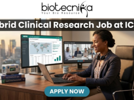 Hybrid Clinical Research Job at ICON | Life Science Graduates Must Apply! Hybrid Clinical Research Job at ICON | Life Science Graduates Must Apply! A job advertisement banner from Biotecnika for a Clinical Research position at ICON. The top center features the "biotecnika" logo with the tagline "Your Bio Resource". Below the logo, a prominent dark grey bar contains the large, bold white text headline: "Hybrid Clinical Research Job at ICON". The main visual is a detailed, realistic illustrative scene of a professional woman in a blazer and headphones seated at a desk with an office cityscape in the background. She is looking at three computer monitors: one showing a "Global Trial Management" data dashboard, another showing a live video conference with a team (labeled "Team Check-in - Remote Site"), and the third is a laptop. Objects on the desk include a coffee mug that reads "COFFEE & CLINICAL DATA", a stack of "Good Clinical Practice Guide" books, and vials. At the bottom center, a pulsing teal-colored rounded rectangular button with white text reads "APPLY NOW".