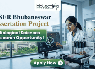 Corporate-style recruitment banner for NISER Bhubaneswar Dissertation Project. The image features a female scientist in a lab coat interacting with a protein structure on a monitor. Text includes "Biological Sciences Research Opportunity!" and the Biotecnika logo, with a green "Apply Now" button at the bottom.