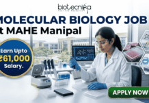 ₹61,000 Salary Molecular Biology Job at MAHE Manipal | Apply Now! ₹61,000 Salary Molecular Biology Job at MAHE Manipal | Apply. A professional recruitment banner from Biotecnika for a "Molecular Biology Job at MAHE Manipal." The image features a female scientist in a lab coat and safety glasses, meticulously using a multichannel pipette at a well-equipped laboratory bench. The banner prominently highlights the text "Earn Upto ₹61,000 Salary." and includes other text elements like "biotecnika" and "MOLECULAR BIOLOGY JOB at MAHE Manipal." In the background, other lab instruments, computer monitors displaying biological data, and a modern university campus through the windows are visible. Icons for a pipette, a DNA helix, and a multiwell plate, along with hexagonal frames showing biological research images, represent the drug research theme. A large, green, glowing "APPLY NOW" button is in the bottom right corner.