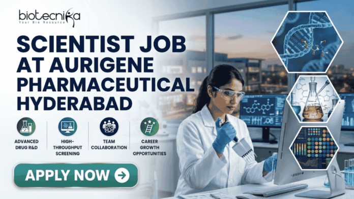 Scientist Job for MSc Graduates at Aurigene Pharmaceutical Scientist Job for MSc Graduates at Aurigene Pharmaceutical. A professional corporate recruitment banner for a "SCIENTIST JOB AT AURIGENE PHARMACEUTICAL HYDERABAD" by Biotecnika. The image features a focused female scientist of Indian heritage in a lab coat and safety glasses, working with a multichannel pipette in a state-of-the-art pharmaceutical laboratory. The background shows a modern research facility with large windows overlooking a city skyline at dusk. Hexagonal frames to the right showcase a DNA helix, chemical glassware, and data analytics. Below the main headline, four icons highlight key aspects: Advanced Drug R&D, High-Throughput Screening, Team Collaboration, and Career Growth Opportunities. A prominent teal "APPLY NOW" button is positioned at the bottom left.