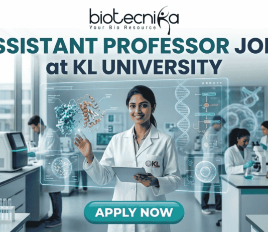 Assistant Professor Jobs at KL University | Food Technology Jobs for PhD Graduates A professional recruitment banner for Assistant Professor jobs at KL University's Food Technology Department. The image features two scientists in a modern laboratory working with bioreactors and 3D food printing technology. It includes the Biotecnika logo at the top and a prominent orange "Apply Now" button at the bottom.
