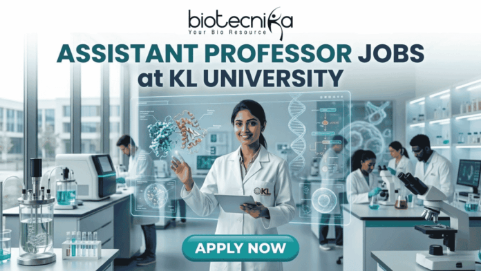 Assistant Professor Jobs at KL University | Apply Now A professional recruitment banner for Assistant Professor jobs at KL University's Food Technology Department. The image features two scientists in a modern laboratory working with bioreactors and 3D food printing technology. It includes the Biotecnika logo at the top and a prominent orange "Apply Now" button at the bottom.
