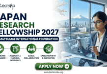 Japan Research Fellowship 2027 At MIF | Fully Funded Global Opportunity A professional promotional graphic from Biotecnika advertising the "Japan Research Fellowship 2027" at the "Matsumae International Foundation." The left side highlights four key benefits: full funding and allowance, research and cultural experience, global collaboration, and career growth and innovation. The right side shows a woman in a business suit interacting with a futuristic holographic display featuring a map of Japan and data charts. The background features office windows with a scenic view including a distant Mount Fuji and a cityscape with cherry blossom branches. At the bottom, a green "APPLY NOW" button and the website URL "www.biotecnika.org" are clearly visible.