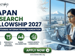 Japan Research Fellowship 2027 At MIF | Fully Funded Global Opportunity A professional promotional graphic from Biotecnika advertising the "Japan Research Fellowship 2027" at the "Matsumae International Foundation." The left side highlights four key benefits: full funding and allowance, research and cultural experience, global collaboration, and career growth and innovation. The right side shows a woman in a business suit interacting with a futuristic holographic display featuring a map of Japan and data charts. The background features office windows with a scenic view including a distant Mount Fuji and a cityscape with cherry blossom branches. At the bottom, a green "APPLY NOW" button and the website URL "www.biotecnika.org" are clearly visible.