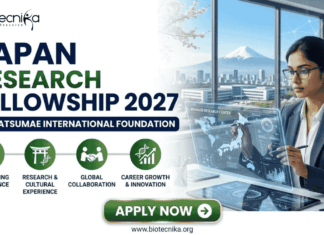 Japan Research Fellowship 2027 At MIF | JPY 220,000/Month Fully Funded Global Opportunity A professional promotional graphic from Biotecnika advertising the "Japan Research Fellowship 2027" at the "Matsumae International Foundation." The left side highlights four key benefits: full funding and allowance, research and cultural experience, global collaboration, and career growth and innovation. The right side shows a woman in a business suit interacting with a futuristic holographic display featuring a map of Japan and data charts. The background features office windows with a scenic view including a distant Mount Fuji and a cityscape with cherry blossom branches. At the bottom, a green "APPLY NOW" button and the website URL "www.biotecnika.org" are clearly visible.