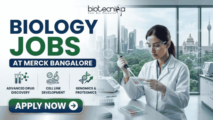 Biology Jobs at Merck in Bangalore | Apply Before It's Gone Biology Jobs at Merck in Bangalore | Apply Before It's Gone. A Biotecnika recruitment banner advertising 'Biology Jobs' at 'Merck Bangalore.' On the right, a detailed photograph of a female scientist in a lab coat, safety glasses, and gloves meticulousy pipetting into a multi-well plate in a modern laboratory. The window behind her reveals a modern cityscape (Bangalore). The main text 'BIOLOGY JOBS' is stacked in large green and blue fonts, with 'AT MERCK BANGALORE' in a blue bar below it. Below the text, three circular icons with descriptive text list focus areas: 'ADVANCED DRUG DISCOVERY,' 'CELL LINE DEVELOPMENT,' and 'GENOMICS & PROTEOMICS.' The Biotecnika logo is in the top corner, and a prominent green 'APPLY NOW' button with a right arrow is at the bottom-left.