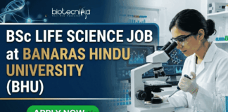 BSc Life Science Job at Banaras Hindu University | Golden Opportunity for Life Science Graduates BSc Life Science Job at Banaras Hindu University | Apply Now. A professional featured image for a "BSc LIFE SCIENCE JOB at BANARAS HINDU UNIVERSITY (BHU)." The image depicts a female scientist in a white lab coat and safety goggles using a microscope and pipette in a modern laboratory. The Biotecnika logo is at the top center, and a bright green "APPLY NOW" button with a cursor icon is at the bottom left. The background features scientific data on monitors, laboratory glassware with colorful liquids, and a DNA helix graphic.