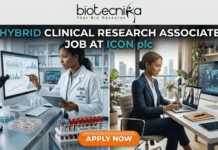 Hybrid Clinical Research Associate Job at ICON plc Apply Now. A job advertisement banner with the top text "biotecnika - Your Bio Resource" and main headline "HYBRID CLINICAL RESEARCH ASSOCIATE JOB AT ICON plc". The image uses a split-screen composition to visualize the hybrid role. The left side depicts a female Clinical Research Associate (CRA) in a lab coat in a modern research lab, analyzing data on a desktop monitor next to a microscope and a rack of marked "GLOBAL TRIALS" blood vials. The right side shows the same professional in business attire in a stylish home office with a city view, seated at a desk on a video conference call on her laptop. An orange "APPLY NOW" button is at the bottom center.