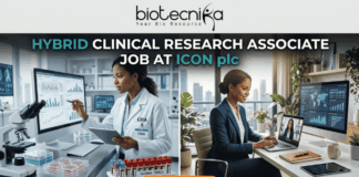 Hybrid Clinical Research Associate Job at ICON plc Apply Now. A job advertisement banner with the top text "biotecnika - Your Bio Resource" and main headline "HYBRID CLINICAL RESEARCH ASSOCIATE JOB AT ICON plc". The image uses a split-screen composition to visualize the hybrid role. The left side depicts a female Clinical Research Associate (CRA) in a lab coat in a modern research lab, analyzing data on a desktop monitor next to a microscope and a rack of marked "GLOBAL TRIALS" blood vials. The right side shows the same professional in business attire in a stylish home office with a city view, seated at a desk on a video conference call on her laptop. An orange "APPLY NOW" button is at the bottom center.