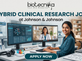 Hybrid Clinical Research Job at Johnson & Johnson Apply Now. A marketing banner promoting a "HYBRID CLINICAL RESEARCH JOB at Johnson & Johnson", featuring the Biotecnika logo. The central image shows a woman working at a desk, split between a laboratory environment (pipettes, vials) on the left and a home office (bookshelves, cat) on the right. She has dual monitors: one displaying research data, another showing a video conference call. Text on her desk nameplate says, "NAME - CLINICAL RESEARCHER at J&J". A large call-to-action button at the bottom reads "APPLY NOW".