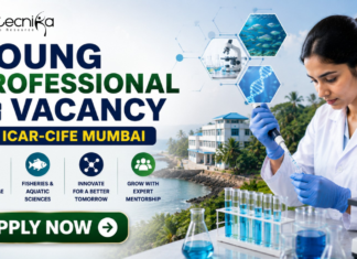 ICAR-CIFE Recruitment 2026 Out Now – Young Professional Vacancy for Life Science Graduates in Mumbai! ICAR Recruitment 2026 Out Now – Young Professional Vacancy. Featured banner for “Young Professional Vacancy at ICAR-CIFE Mumbai” featuring the Biotecnika logo at the top, a young researcher conducting laboratory work with test tubes and a microscope, aquatic science and biotechnology-themed graphics, a coastal research institute backdrop, and a bold “Apply Now” button.