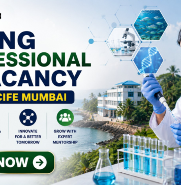 ICAR-CIFE Recruitment 2026 Out Now – Young Professional Vacancy for Life Science Graduates in Mumbai! ICAR Recruitment 2026 Out Now – Young Professional Vacancy. Featured banner for “Young Professional Vacancy at ICAR-CIFE Mumbai” featuring the Biotecnika logo at the top, a young researcher conducting laboratory work with test tubes and a microscope, aquatic science and biotechnology-themed graphics, a coastal research institute backdrop, and a bold “Apply Now” button.