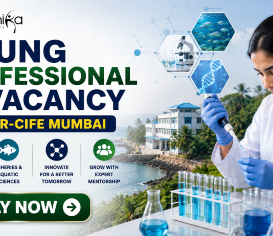 ICAR-CIFE Recruitment 2026 Out Now – Young Professional Vacancy for Life Science Graduates in Mumbai! ICAR Recruitment 2026 Out Now – Young Professional Vacancy. Featured banner for “Young Professional Vacancy at ICAR-CIFE Mumbai” featuring the Biotecnika logo at the top, a young researcher conducting laboratory work with test tubes and a microscope, aquatic science and biotechnology-themed graphics, a coastal research institute backdrop, and a bold “Apply Now” button.