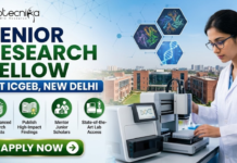 ICGEB New Delhi Hiring Senior Research Fellow | Work in Plant Molecular Biology Research ICGEB New Delhi Hiring Senior Research Fellow Work in Plant Molecular Biology Research. A professional recruitment banner for a "Senior Research Fellow at ICGEB, New Delhi," featuring the Biotecnika logo at the top left. On the right side, a female scientist in a white lab coat operates advanced automated laboratory equipment, with floating hexagonal graphics of protein structures and a DNA helix above her. The background displays a realistic, sunlit view of a modern research institute campus. The left side features the bold headline and four circular icons representing key roles: Lead Advanced Research Projects, Publish High-Impact Findings, Mentor Junior Scholars, and State-of-the-Art Lab Access. A prominent green "Apply Now" button with a white arrow is located at the bottom left.