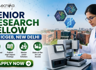 ICGEB New Delhi Hiring Senior Research Fellow | Work in Plant Molecular Biology Research ICGEB New Delhi Hiring Senior Research Fellow Work in Plant Molecular Biology Research. A professional recruitment banner for a "Senior Research Fellow at ICGEB, New Delhi," featuring the Biotecnika logo at the top left. On the right side, a female scientist in a white lab coat operates advanced automated laboratory equipment, with floating hexagonal graphics of protein structures and a DNA helix above her. The background displays a realistic, sunlit view of a modern research institute campus. The left side features the bold headline and four circular icons representing key roles: Lead Advanced Research Projects, Publish High-Impact Findings, Mentor Junior Scholars, and State-of-the-Art Lab Access. A prominent green "Apply Now" button with a white arrow is located at the bottom left.