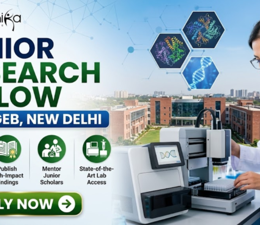 ICGEB New Delhi Hiring Senior Research Fellow | Work in Plant Molecular Biology Research ICGEB New Delhi Hiring Senior Research Fellow Work in Plant Molecular Biology Research. A professional recruitment banner for a "Senior Research Fellow at ICGEB, New Delhi," featuring the Biotecnika logo at the top left. On the right side, a female scientist in a white lab coat operates advanced automated laboratory equipment, with floating hexagonal graphics of protein structures and a DNA helix above her. The background displays a realistic, sunlit view of a modern research institute campus. The left side features the bold headline and four circular icons representing key roles: Lead Advanced Research Projects, Publish High-Impact Findings, Mentor Junior Scholars, and State-of-the-Art Lab Access. A prominent green "Apply Now" button with a white arrow is located at the bottom left.